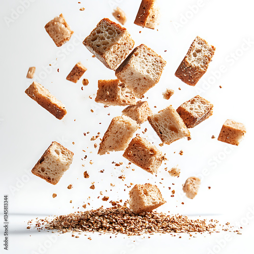 Floating pieces of bread and bran create dynamic scene, showcasing texture and movement against clean white background. image captures essence of culinary creativity