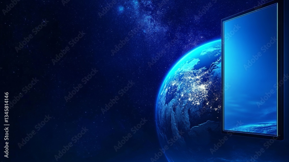 Obraz premium Blue gradient background, Earth in the lower right corner, blue light at the top of the screen, dark blue space above and below,