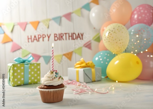 Birthday cupcake. Colorful cupcake with single birthday candle. Happy Birthday balloon Background.