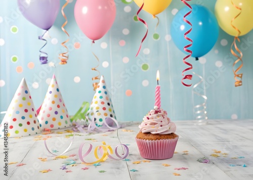 Birthday cupcake. Colorful cupcake with single birthday candle. Happy Birthday balloon Background.