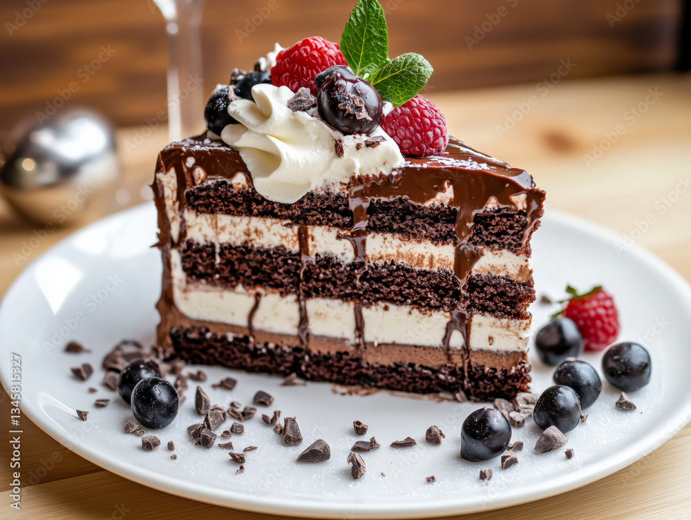 A slice of chocolate cake with whipped cream and strawberries on top. The cake is served on a white plate and is placed on a wooden table A slice of chocolate cake with whipped cream and strawberries on top. The cake is served on a white plate and is placed on a wooden table
