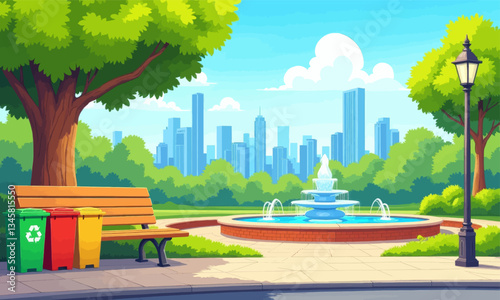 Cartoon park bench by recycling bins with fountain and city view
