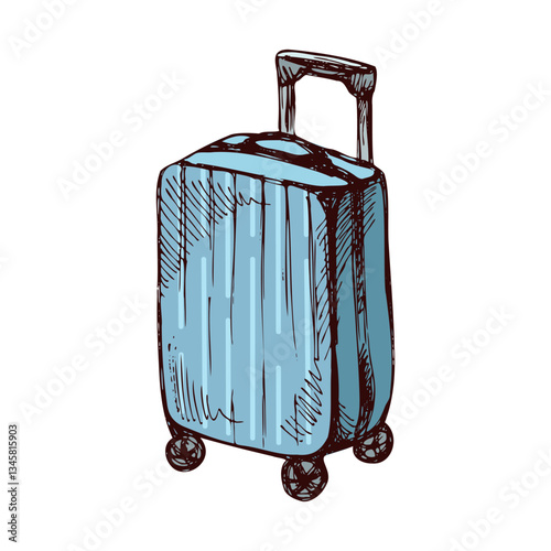 Hand-drawn sketch illustration of a rolling suitcase in vintage style with blue color