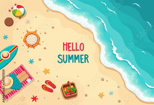 Cartoon Hello Summer Beach Scene with Surfboard and Fruits