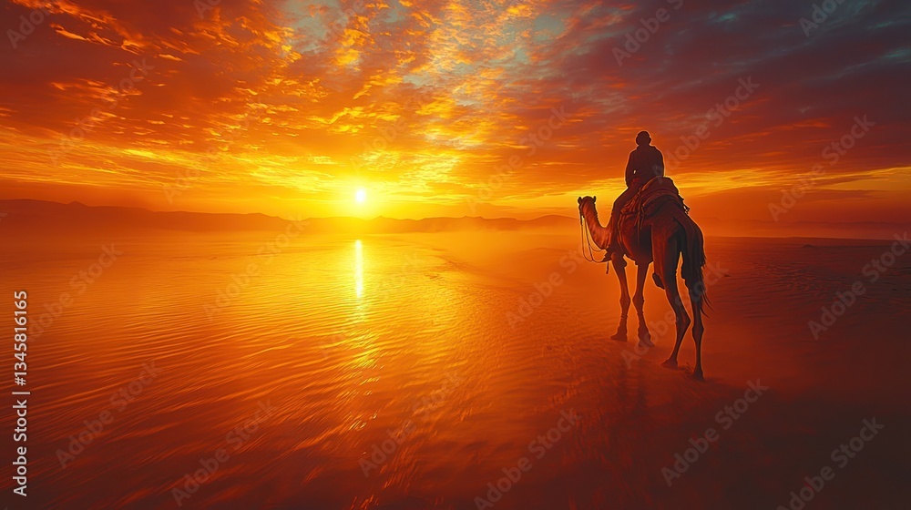 Camel Rider at Sunset, Desert Oasis, Golden Hour Camel Rider at Sunset, Desert Oasis, Golden Hour