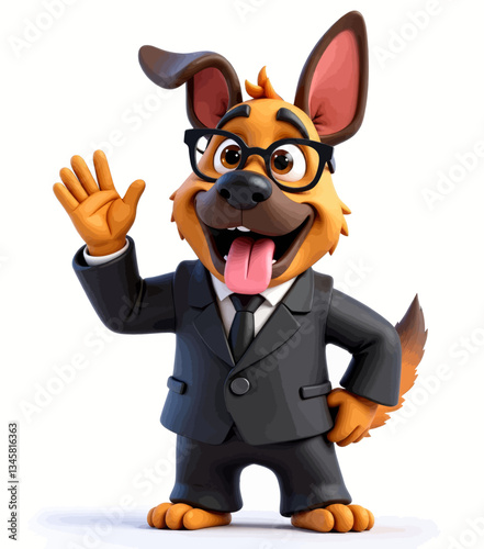 Cartoon Dog Character Wearing Glasses and Business Suit Waving
