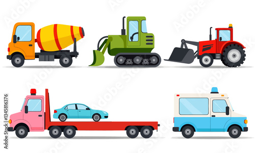 Cartoon Construction Vehicle and Emergency Car Set