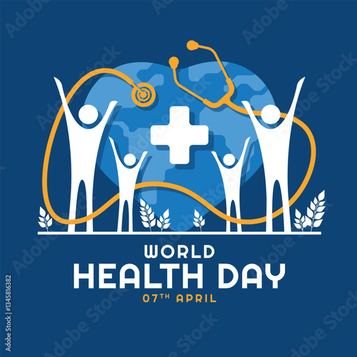 World health day - White group of human stand and heart globe world with stethoscope roll around on dark blue background vector design