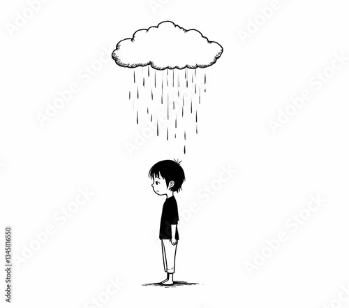 Cartoon boy under a personal rain cloud, sadness concept
