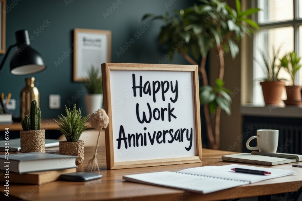 Fototapeta premium A wooden sign celebrates a happy work anniversary in an office