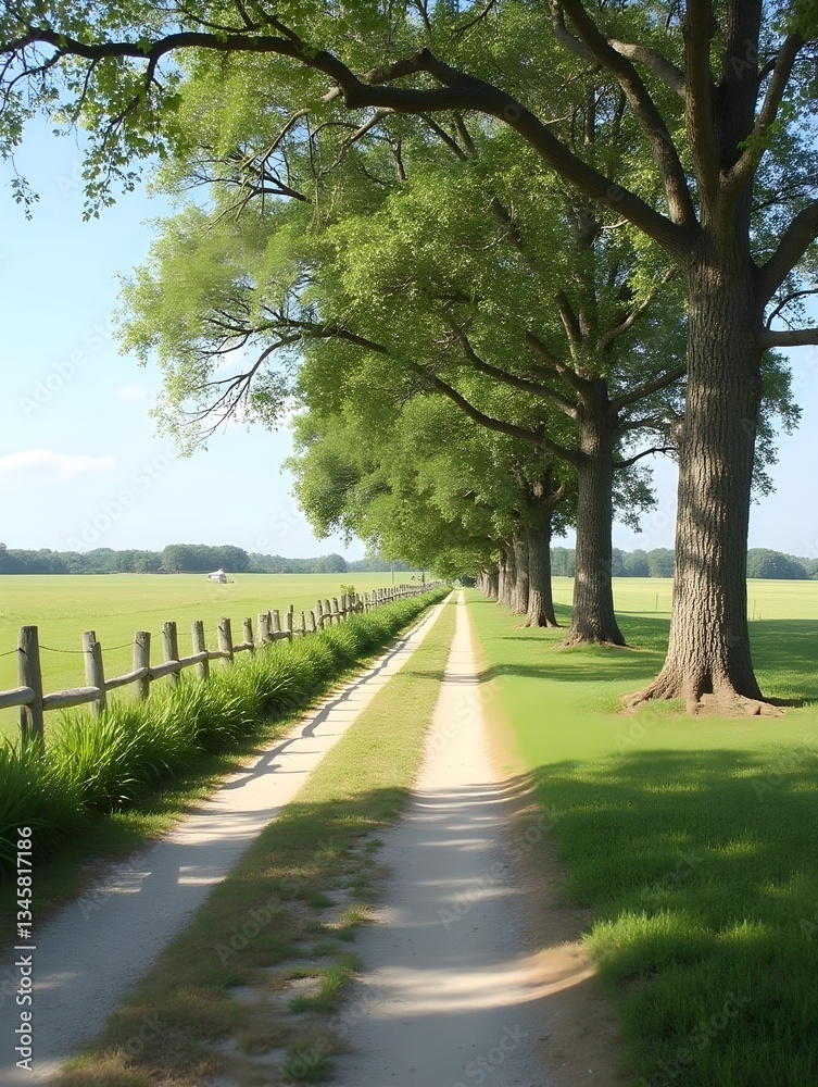 Serene Country Road Farmland Oak Trees Wooden Fence Rural Landscape Summer Day Serene Country Road Farmland Oak Trees Wooden Fence Rural Landscape Summer Day