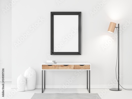 Fototapeta Naklejka Na Ścianę i Meble -  Vertical black poster Frame Mockup for art hanging on the wall in room. 3d rendering