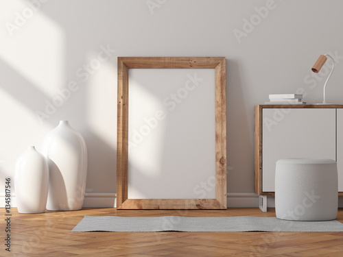 Vertical Wooden Poster Frame Mockup standing on the wooden floor with vases. 3d rendering