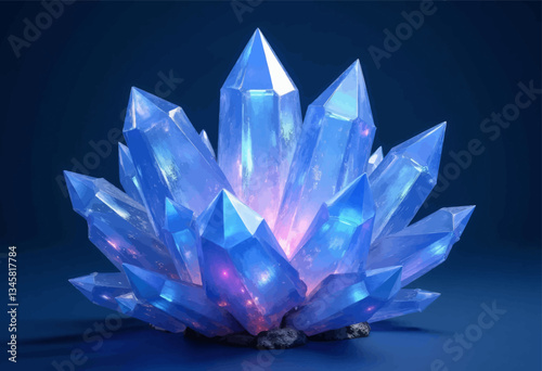 Blue crystals growing on rocks, glowing with pink light