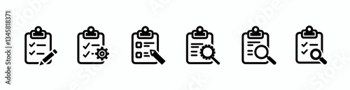 Black Clipboards with Checkmarks, Pencil, Magnifying Glass Icons