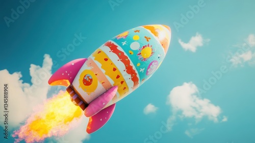 Easter Colorful rocket soaring through a bright sky with clouds and flames.