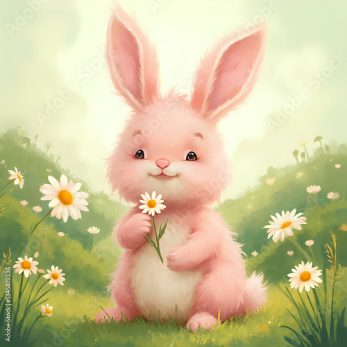 A rabbit sitting with flowers in a flower field