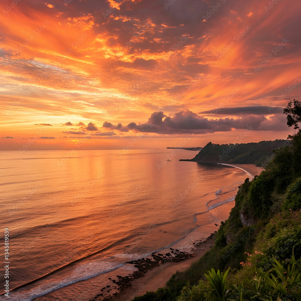 Fototapeta premium Scenic view of the sea against a romantic sky at sunset.