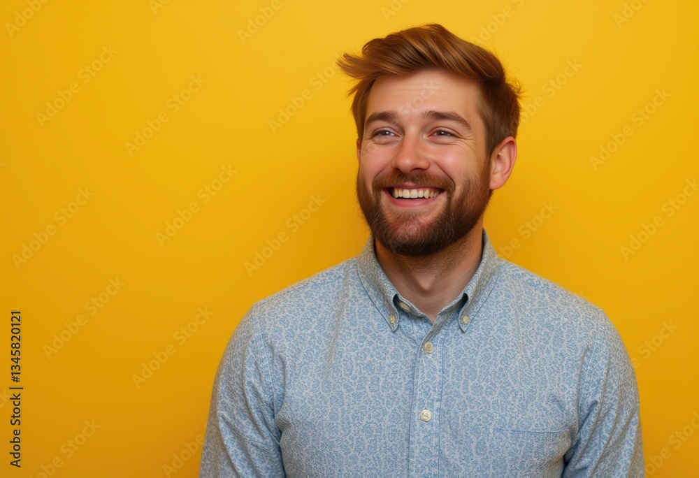 Fototapeta premium Portrait of a happy man with red hair and a beard wearing a blue patterned shirt against a yellow background