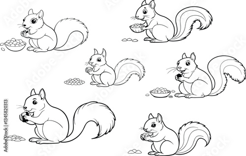 Squirrels eating nuts and seeds in black and white.