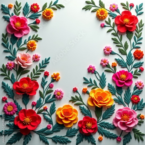 Colorful fabric flowers with green leaves on a white background