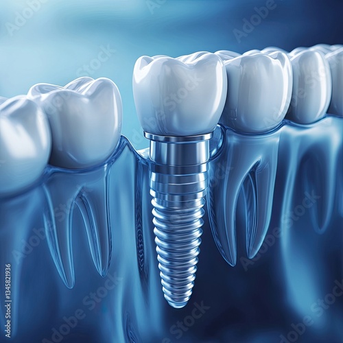 Dental implant procedure.  A close-up, realistic illustration of a dental implant in a jaw
