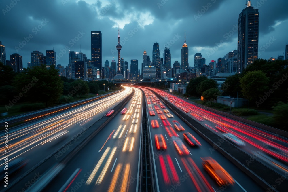 Fototapeta premium City skyline views featuring traffic on a busy highway at night