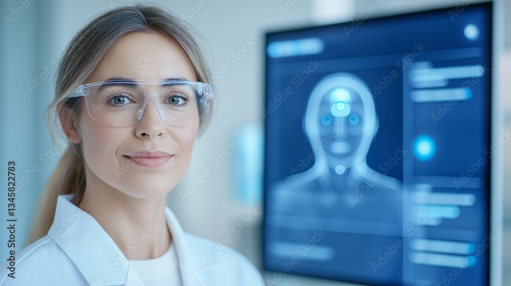 Fototapeta premium Woman interacting with an AI-driven smart mirror in a modern laboratory setting for beauty and health assessment