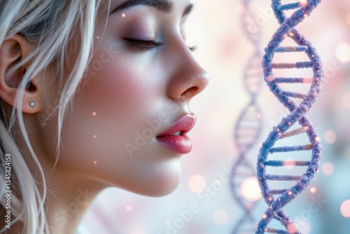 Beautiful Woman With Eyes Closed And Detailed DNA Strand Close By