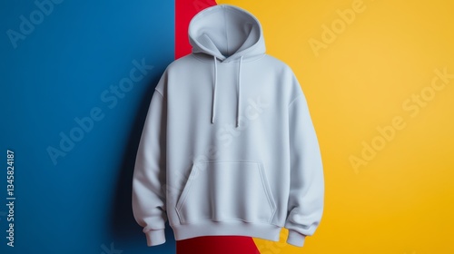 Hoodie is hanging on a wall with a blue and yellow background. The hoodie is white and has a blue stripe on it. Concept of casualness and comfort