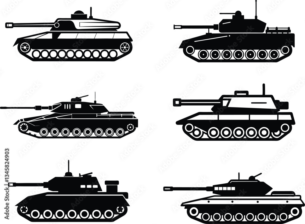 Fototapeta premium Collection of Military Tanks in silhouette. 