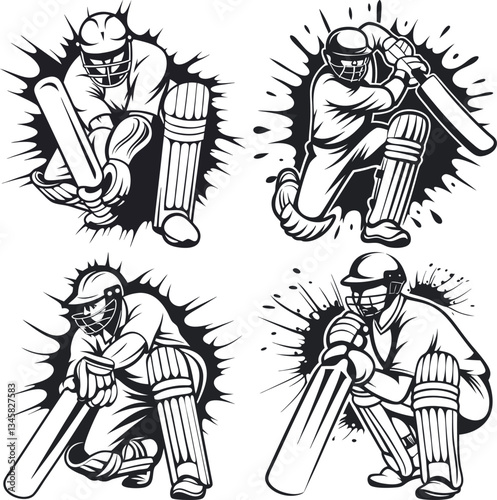 Cricket Batsman Action Silhouettes Vector Set