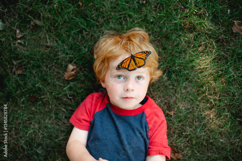 Butterfly rests on toddlers forehead during summer time photo