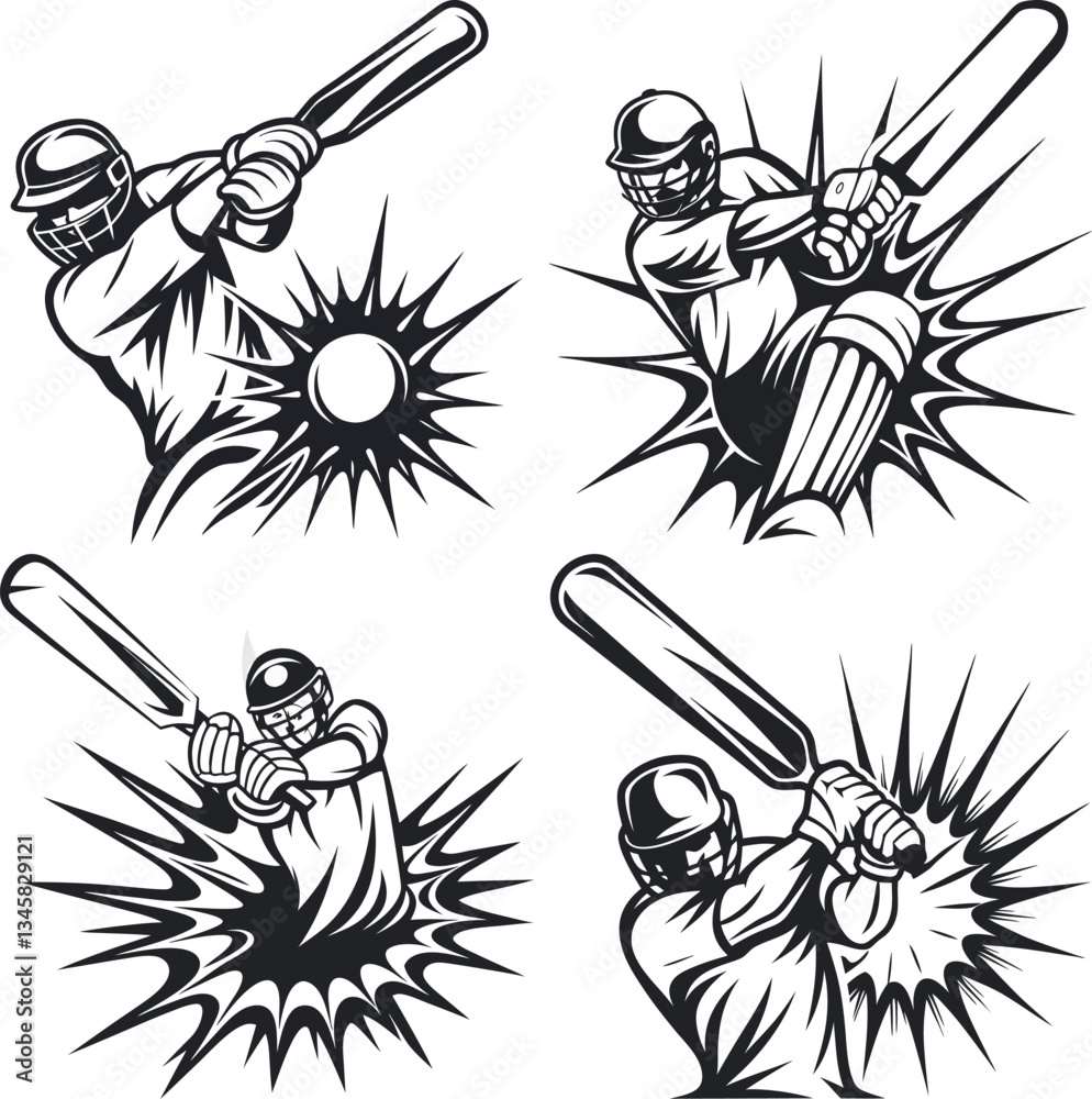 Fototapeta premium Cricket Batting Illustration Set – Black and White Sports Action Vector