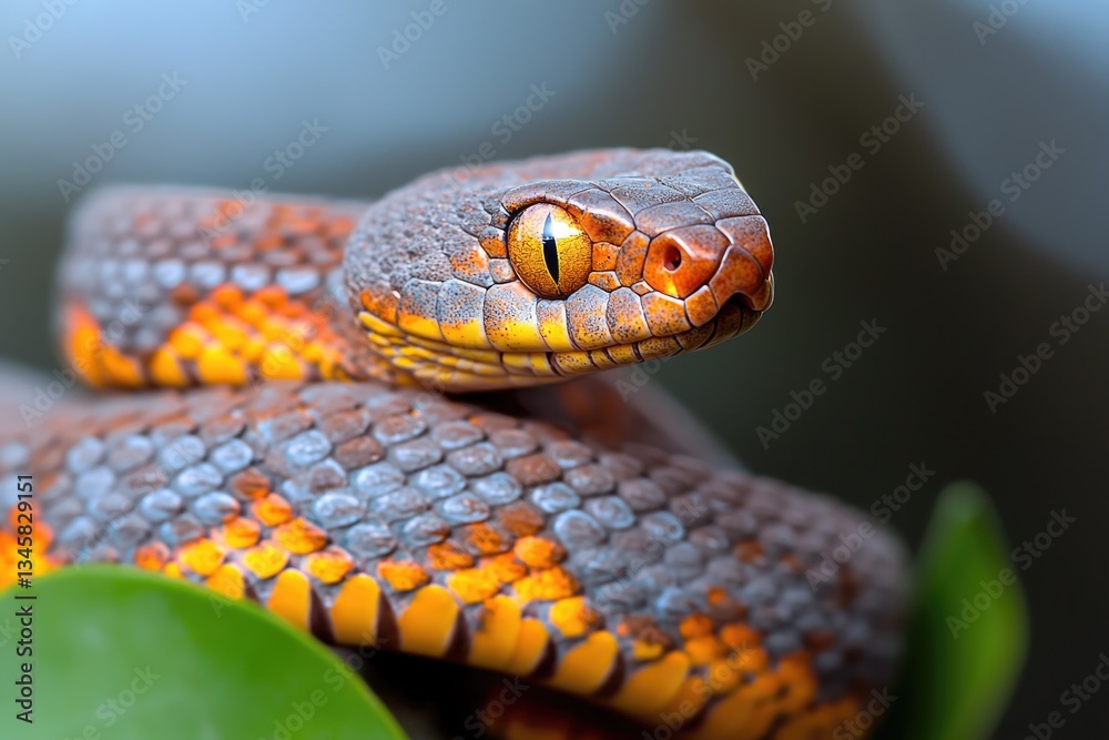 Obraz premium A close-up shot of a snake coiled around a leaf, highlighting its scales and texture