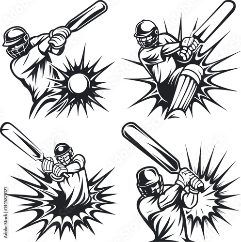 Cricket Batting Illustration Set – Black and White Sports Action Vector