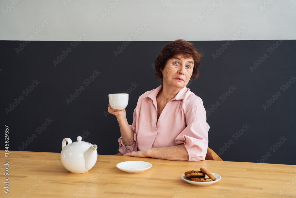 Relax and unwind. Senior mature brunette woman with blissful facial expression alone spending good time drinking coffee or tea in cup. Portrait of relaxed woman resting at home. Relax and unwind. Senior mature brunette woman with blissful facial expression alone spending good time drinking coffee or tea in cup. Portrait of relaxed woman resting at home.