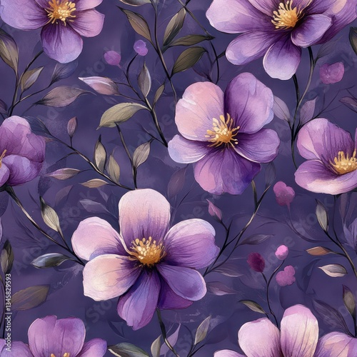 Fototapeta Naklejka Na Ścianę i Meble -  Seamless beautiful purple flowers watercolor style pattern