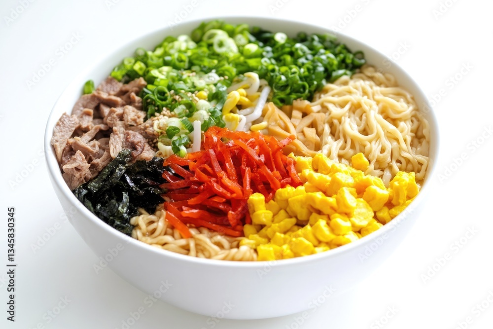 A delicious meal of noodles and mixed vegetables in a white bowl A delicious meal of noodles and mixed vegetables in a white bowl