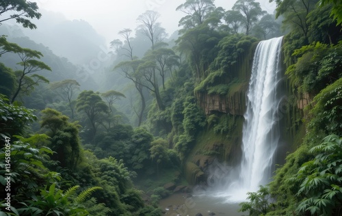 Majestic Waterfall Flowing Through Lush Green Jungle Landscape Scenery