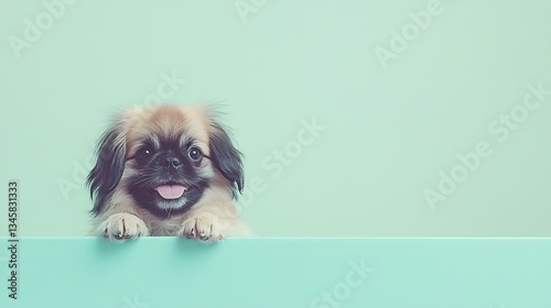 Adorable Pekingese Puppy Dog Peeking Over Mint Green Background Cute Pet Portrait