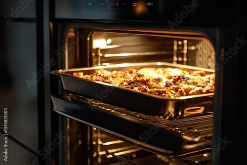 A pan of food cooking in an oven