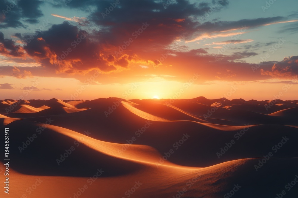 Fototapeta premium Golden dunes shimmer beneath a vibrant sunset in a vast desert landscape