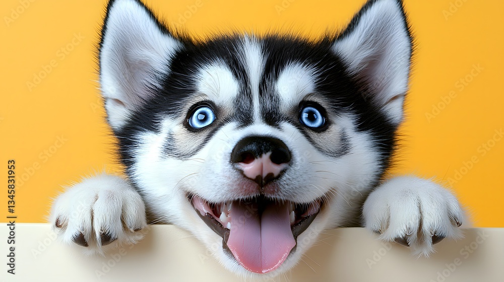 Fototapeta premium Adorable Siberian Husky Puppy with Bright Blue Eyes Happy Expression Yellow Background