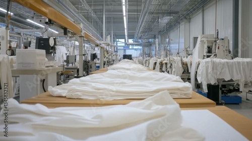 Ethical brand's sustainable clothing production process showcases neat rows of fabric ready for assembly in a modern, well-lit manufacturing facility