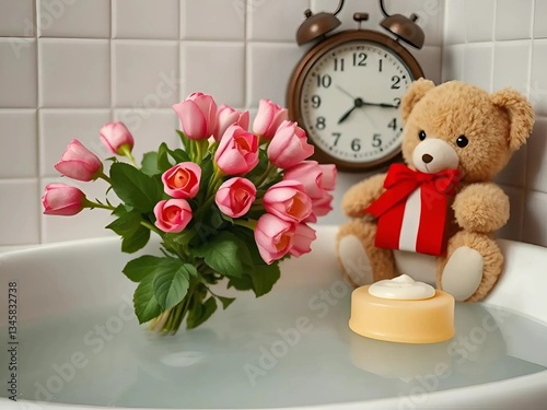 teddy bear and clock