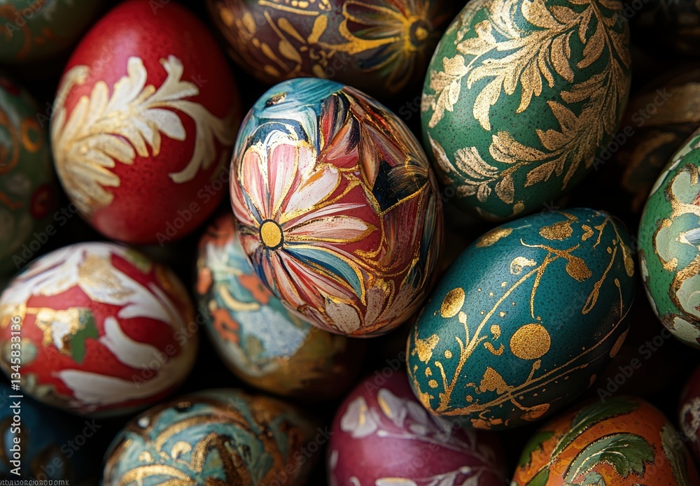 Colorful Easter eggs with intricate designs and patterns, showcasing artistry and craftsmanship in vibrant colors for holiday celebrations and decorations. Colorful Easter eggs with intricate designs and patterns, showcasing artistry and craftsmanship in vibrant colors for holiday celebrations and decorations.