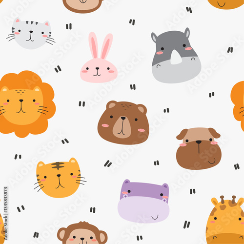 Cute simple design wild animal faces on white seamless pattern background