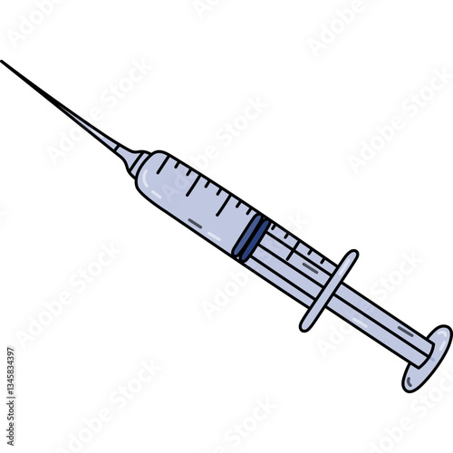 Cute doodle syringe for medical analysis, vaccination and chemistry experiment. Laboratory syringe for health care, preventing and treating diseases. Hand drawn scientist equipment isolated on white