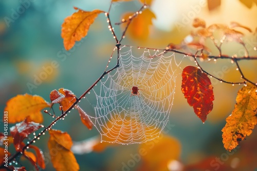 Delicate spider web glistens with dew among colorful autumn leaves in a tranquil forest setting